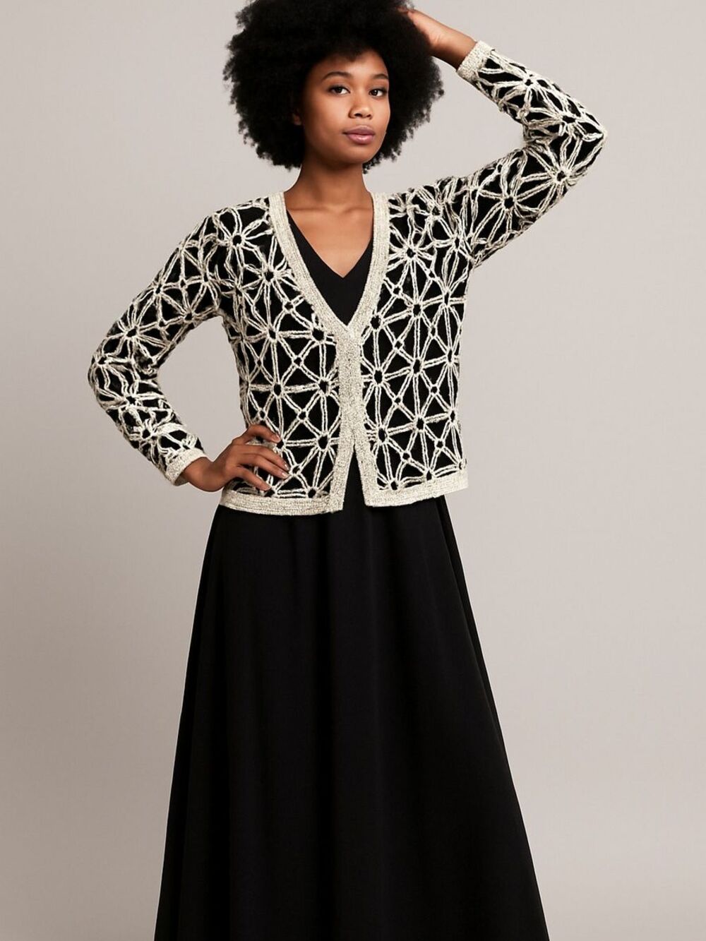 Anthropologie Solitaire Black & White Floral Pattern Crochet Cardigan Sz L (EUC)
